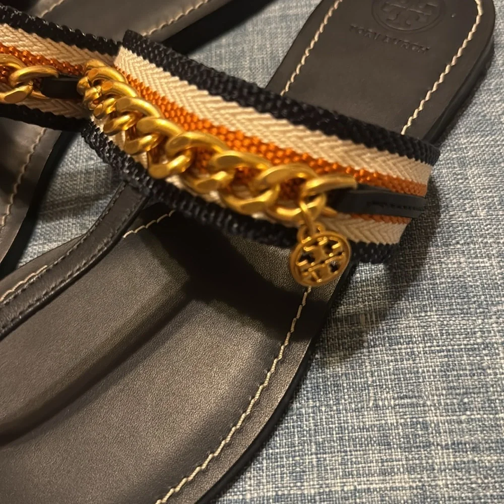 Tory Burch Mini Benton Chain Band Sandal Navy/Tan, US 9.5